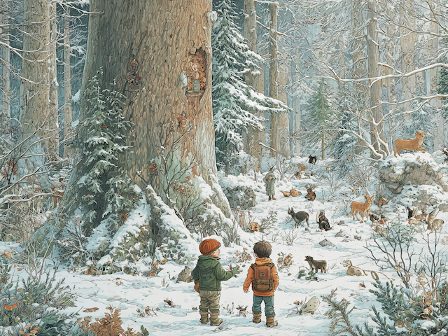 Montessori_Wimmelbild_Winter im Wald mit Tieren_Rehen und Vögeln