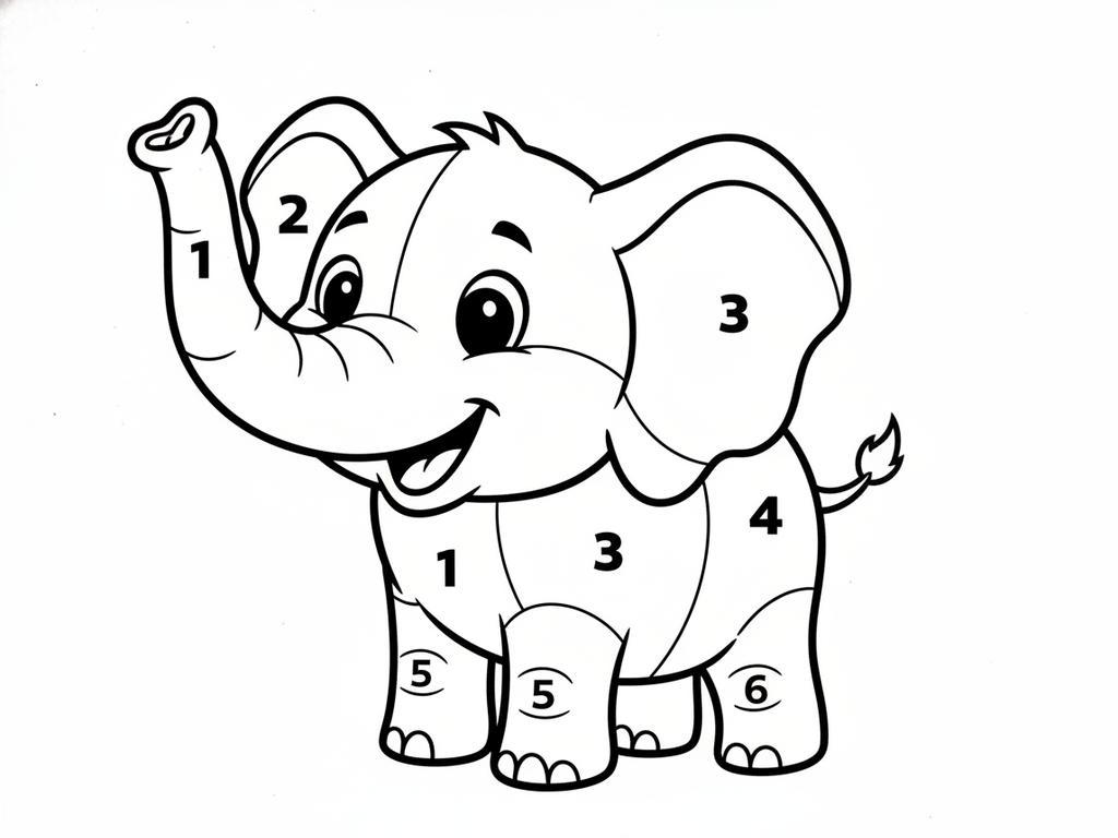 Kindgerechte Malvorlage 'Malen nach Zahlen' mit einem lachenden Elefanten – ideal für kreative 5-Minuten-Pausen.