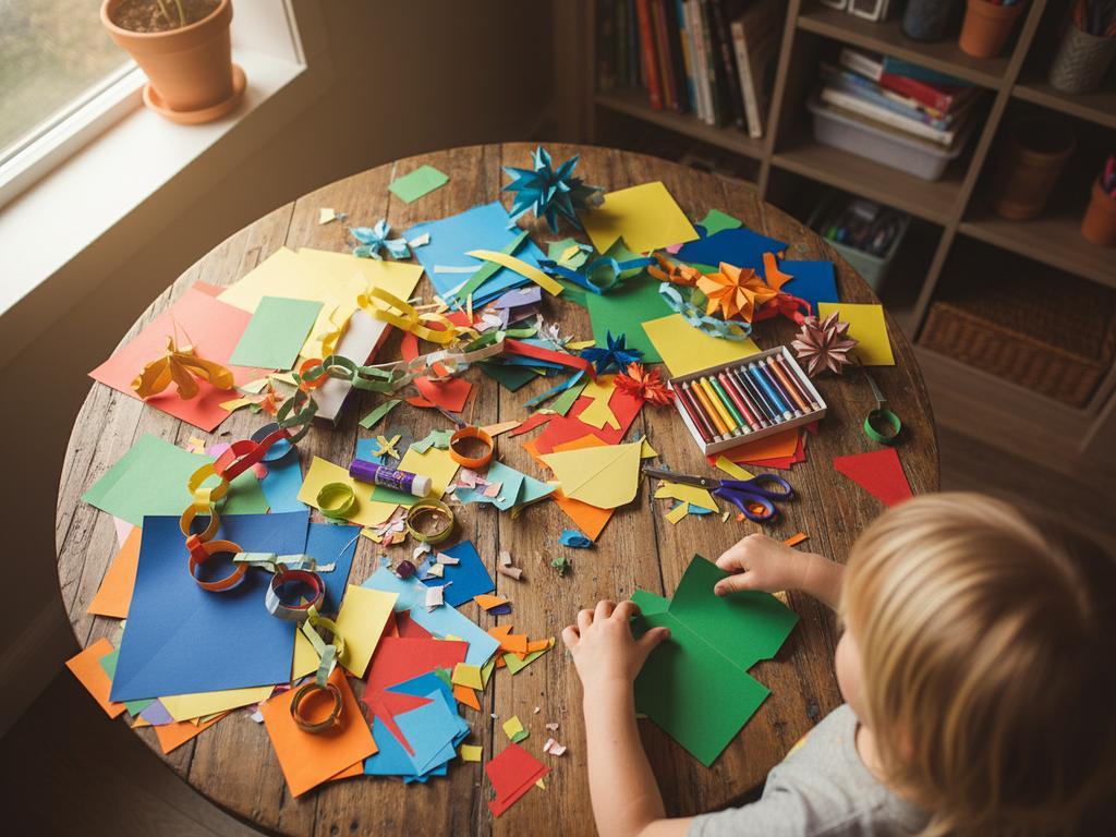 Ein Kind gestaltet aus bunten Papierresten fantasievolle Bastelobjekte auf einem Holztisch – eine kreative Alltagsszene mit einfachen Materialien.