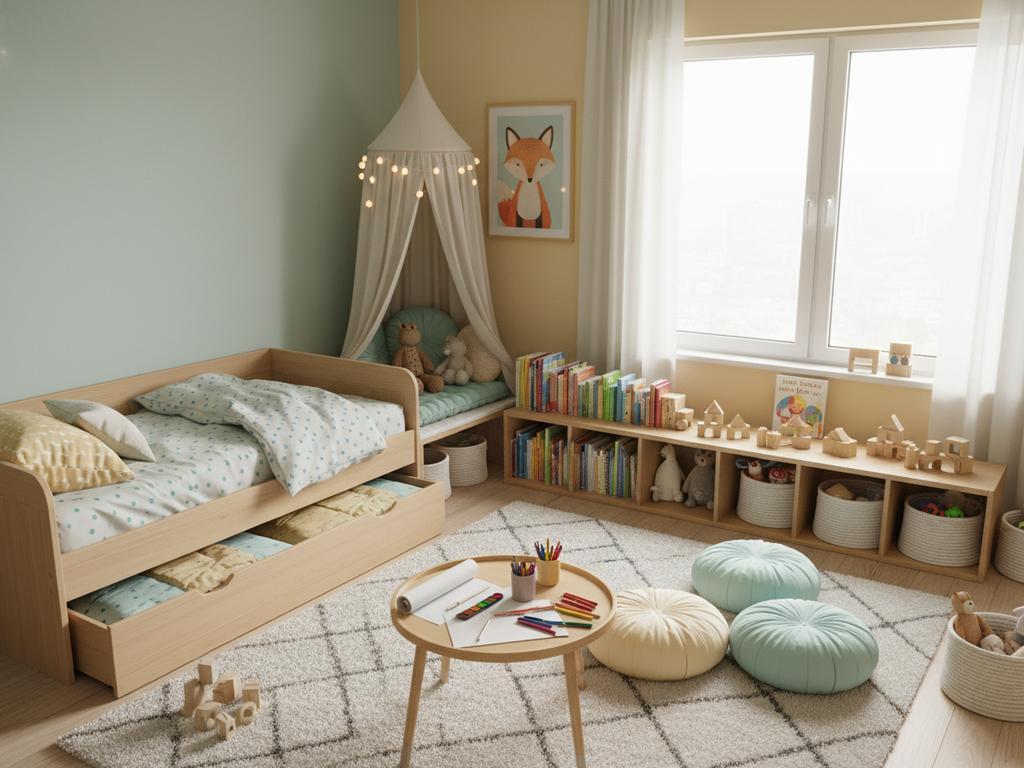 Ein liebevoll gestaltetes Kinderzimmer mit mitwachsenden Möbeln, Leseecke und Spielfläche – perfekt abgestimmt auf die Bedürfnisse kleiner Entdecker.