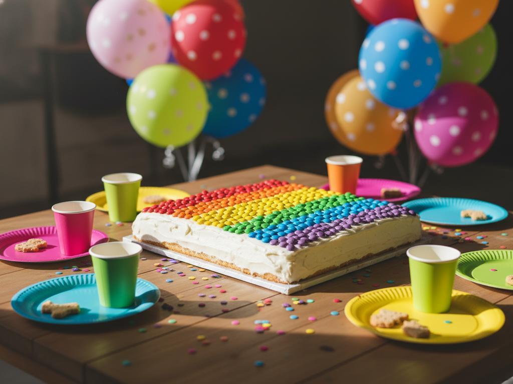 Fotorealistische Nahaufnahme eines bunten Blechkuchens mit Smarties-Dekoration – perfekt für Motto-Kindergeburtstage und große Kindergruppen.