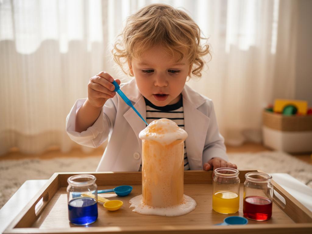 Ein Kind experimentiert mit einem Backpulver-Vulkan im Wohnzimmer – ein visuelles Highlight für naturwissenschaftliches Lernen ab 3.