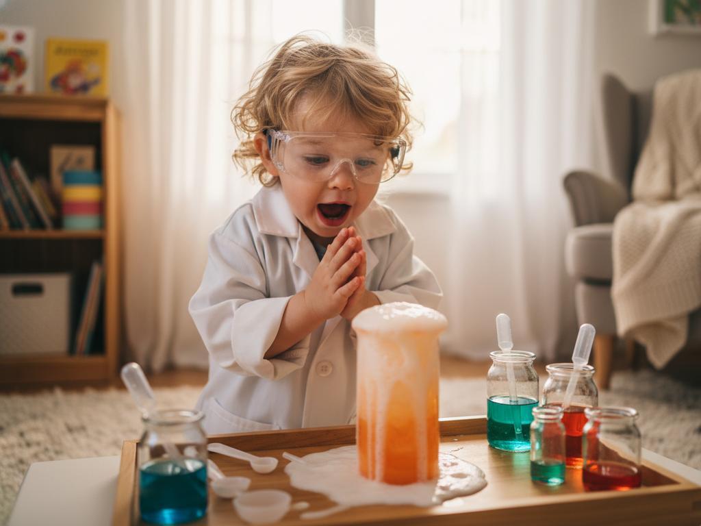 Fotorealistische Draufsicht auf ein vollständiges Mini-Experimentier-Set für Kinder – ideal zur praktischen Frühförderung im Alltag.