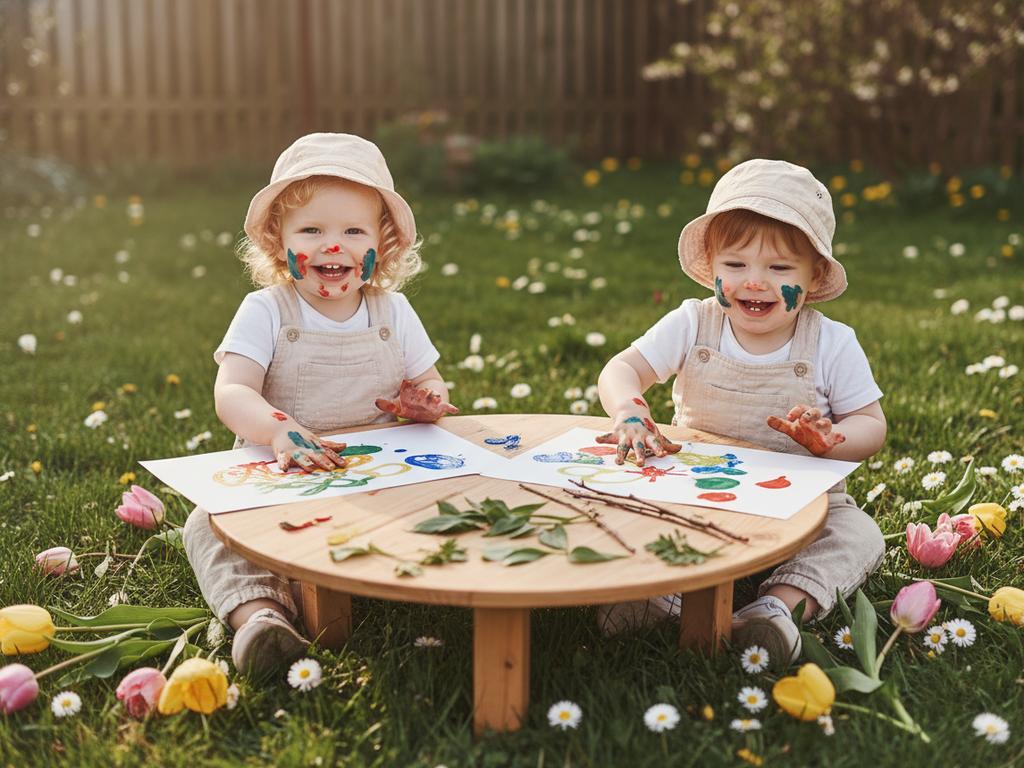 Zwei Kleinkinder beim Basteln mit Fingerfarben im Frühling – fröhlich, bunt und naturverbunden. Ideal für kreative Elternideen.