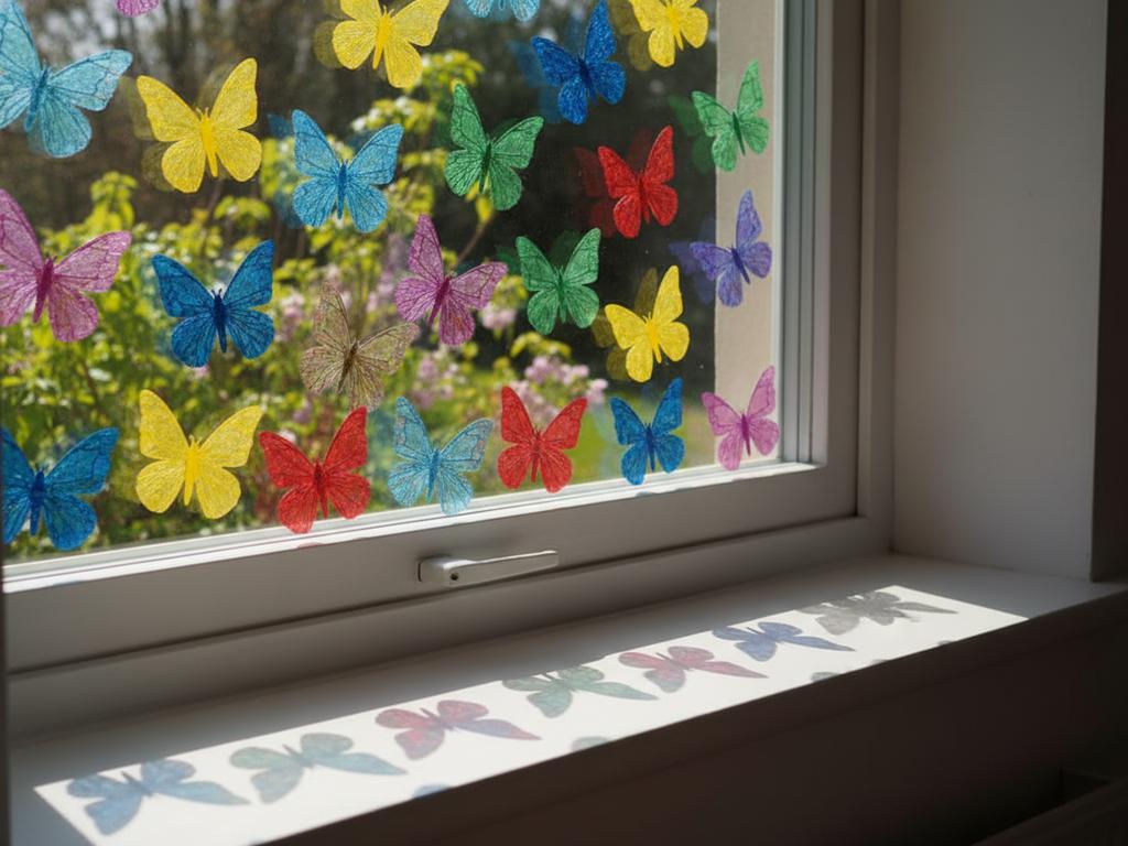 Bunte DIY-Schmetterlingsfensterbilder aus Transparentpapier und Tonkarton – ideal zum Basteln mit Kindern im Frühling.