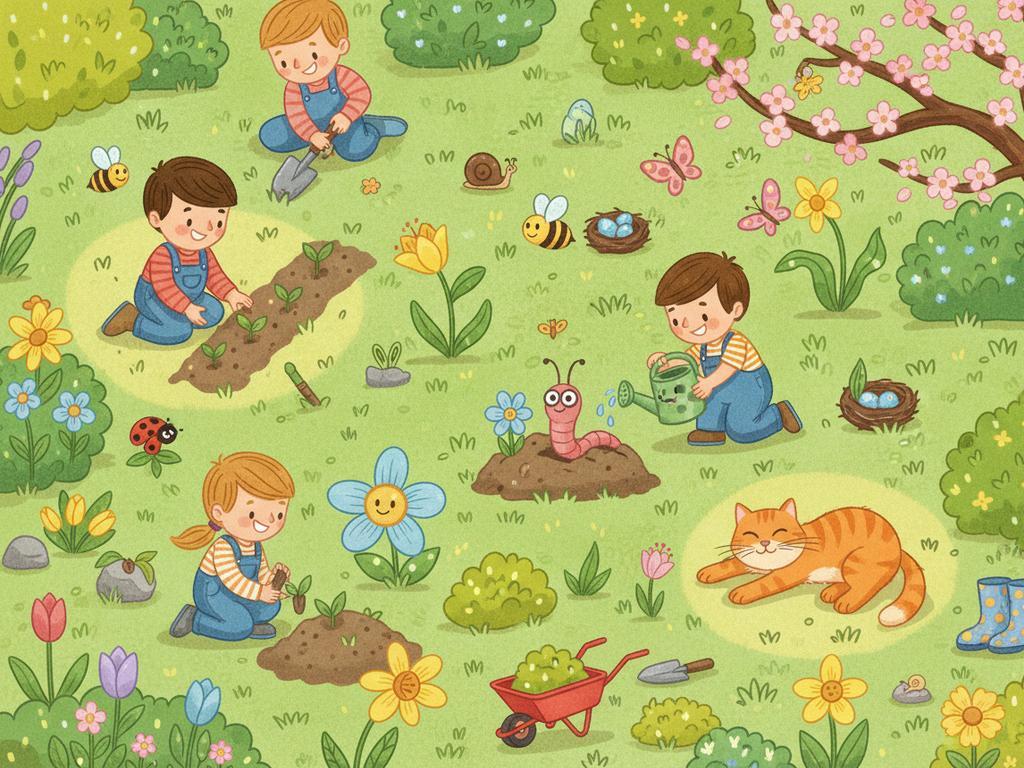 Detailreiches Montessori-Wimmelbild zeigt Frühlingsszene im Garten voller Tiere, Pflanzen und Kinderaktivitäten – ideal für 5-Jährige zum Entdecken und Lernen.