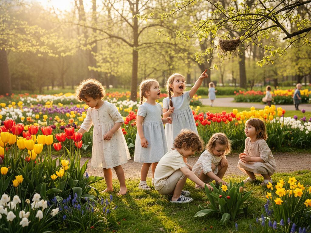 Ein fotorealistisches Bild zeigt eine Szene, in der Kinder draußen im Garten oder Park erste Frühlingszeichen entdecken – darunter Blumen, Vögel und Insekten. Dieses stimmungsvolle Frühlingsbild symbolisiert, wie Kinder durch Beobachten und aktives Erleben die Natur spüren und kognitiv davon profitieren.