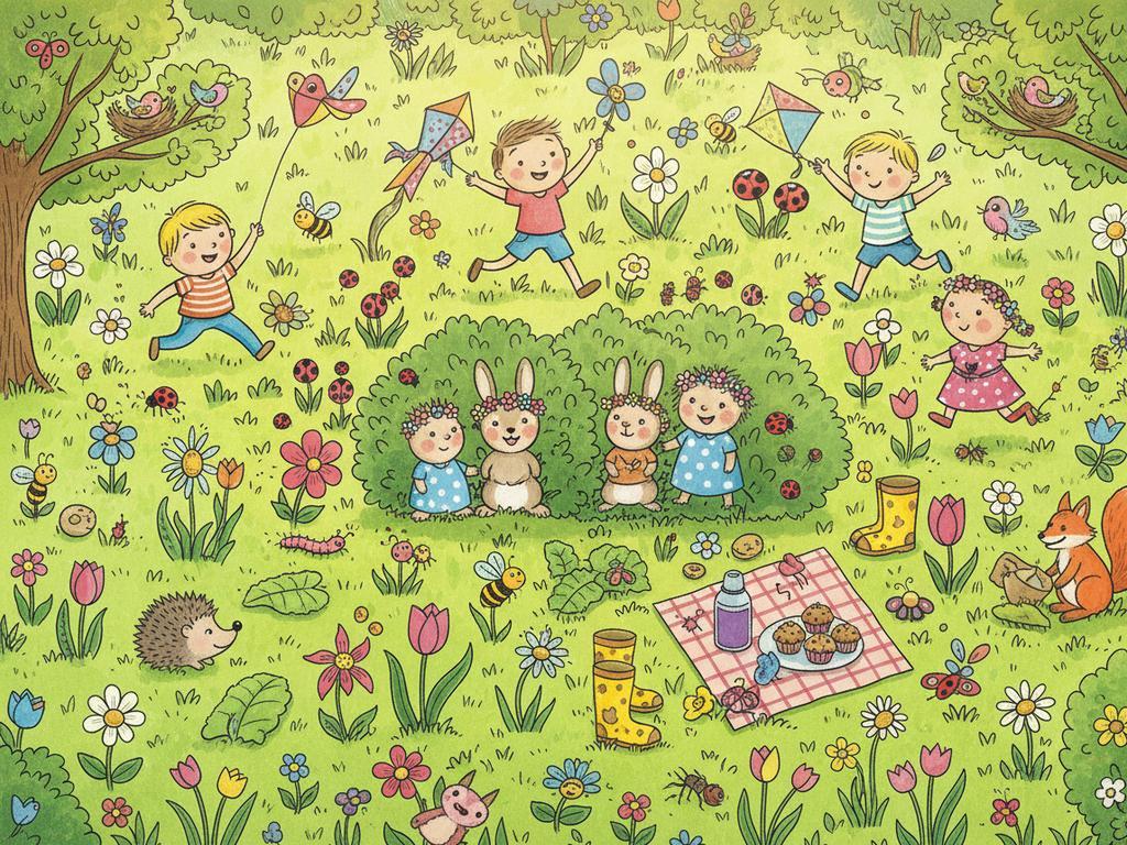 Buntes Wimmelbild mit Tieren und Blumen auf einer Frühlingswiese, ideal für 5-jährige Kinder zum Entdecken kleiner Szenen.