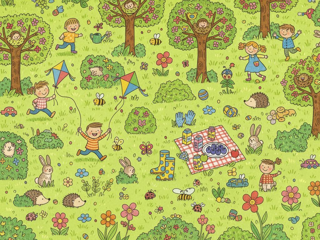 Illustration eines fröhlichen Frühlingsmarkts mit vielen Ständen, Tieren und bunten Waren – als Wimmelbild für Kindergartenkinder gezeichnet.