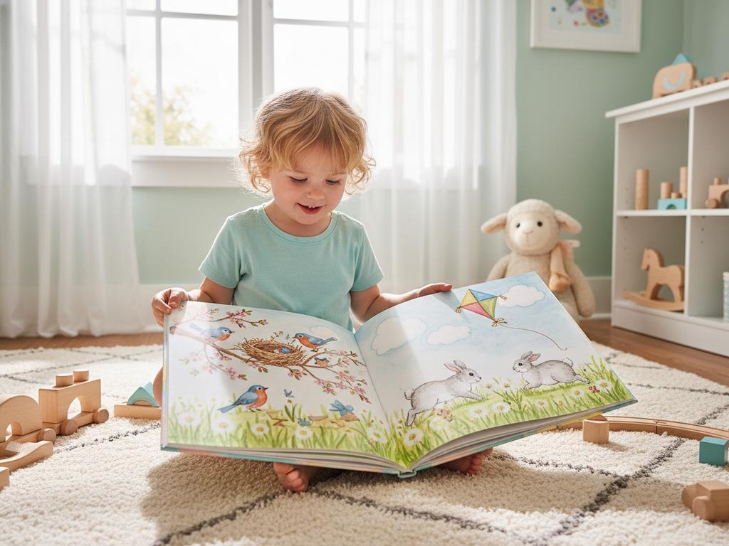 Ein fotorealistisches Kinderzimmer mit einem aufgeklappten Wimmelbuch im Mittelpunkt, das eine farbenfrohe Frühlingsszene zeigt – ideal als Illustration für die Bedeutung von Wimmelbildern zur Frühlingszeit.