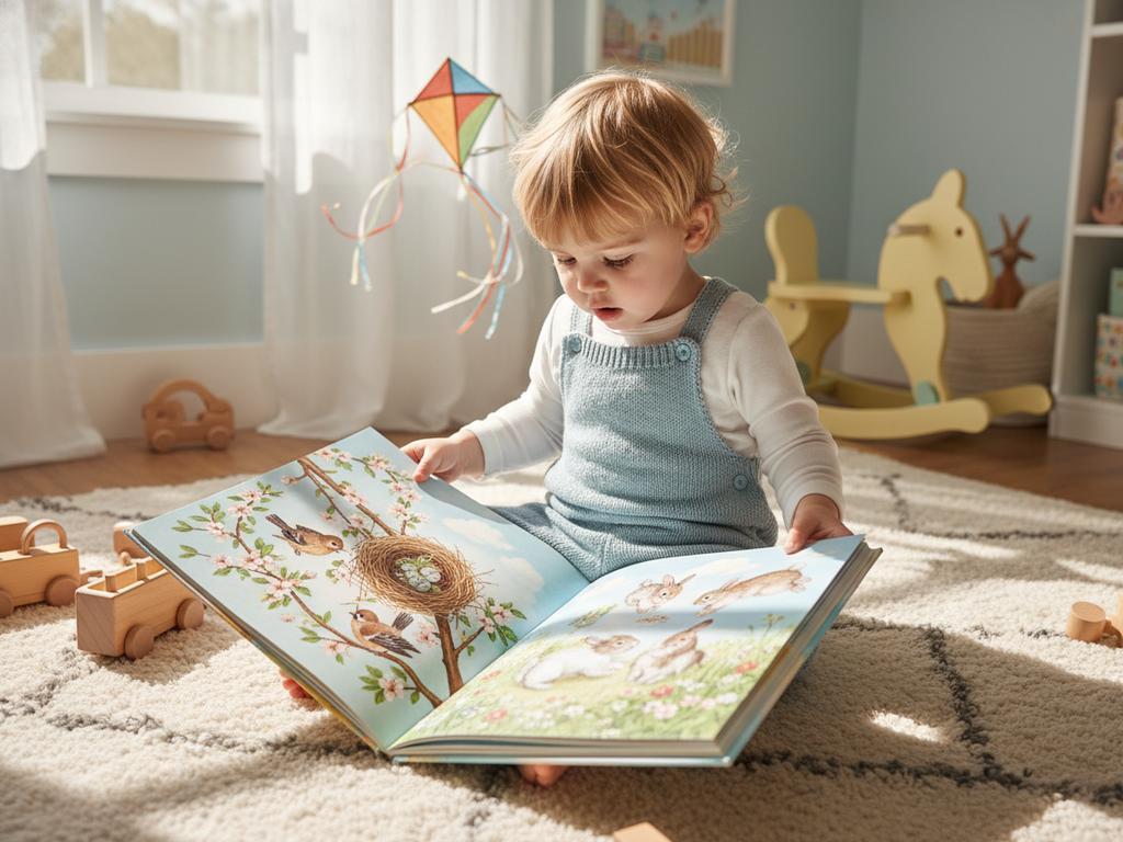 Ein fotorealistisches Bild einer belebten Frühlingswiese mit spielenden Kindern und typischen Wimmelbild-Elementen wie Marienkäfern, Fröschen und Ostereiern – ideal zur Darstellung sprachfördernder Naturmotive.