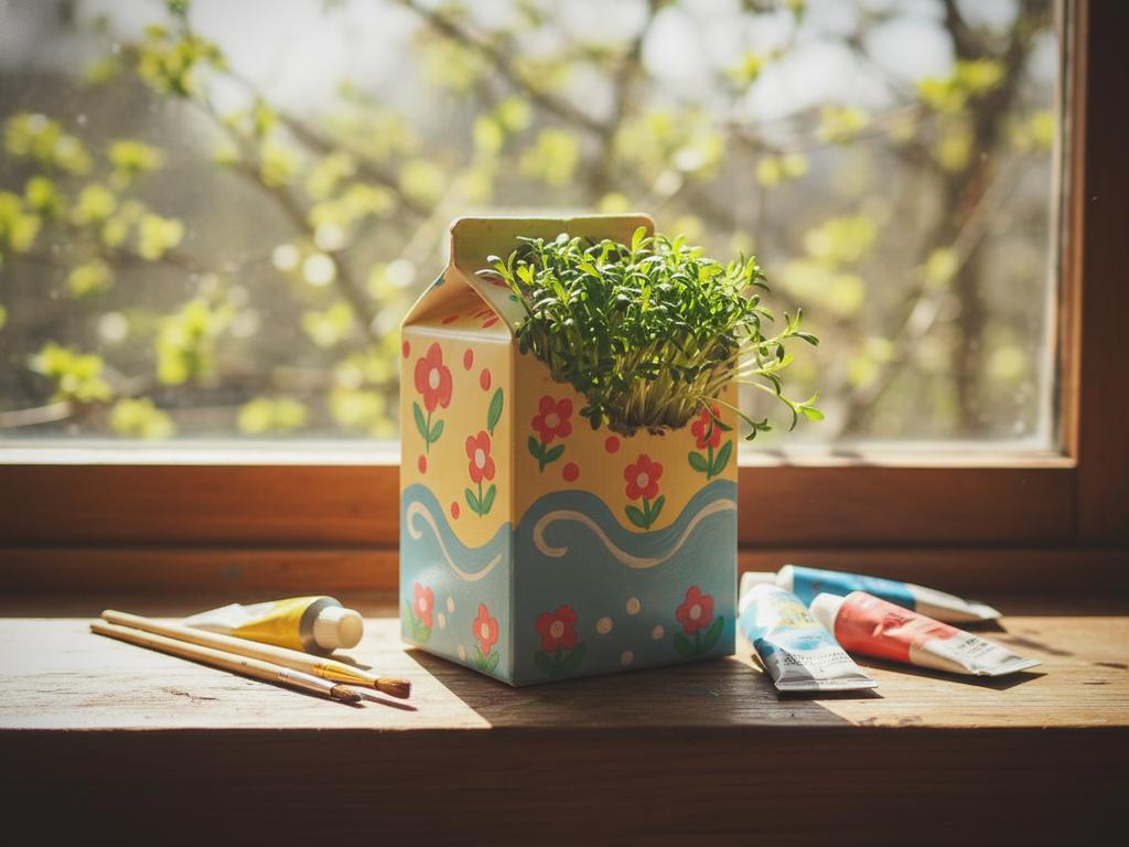 Upcycling-Idee für den Frühling: Ein bemalter Milchkarton als kreativer Blumentopf auf einem Fensterbrett, ideal als nachhaltiges Bastelprojekt für Familien.