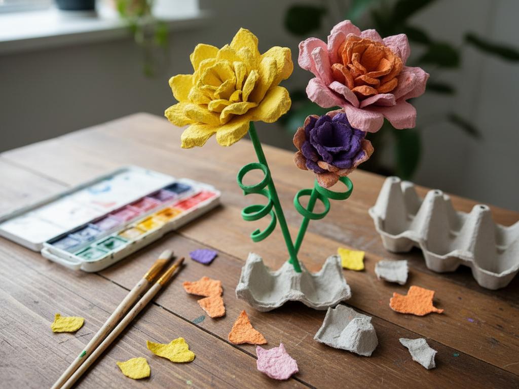 Selbstgebastelte Papierblumen aus bemalten Eierkartons in kräftigen Frühlingsfarben. Ideal als nachhaltige Deko oder Geschenkidee. Fotorealistisch und inspiriert von Pinterest-Stil.