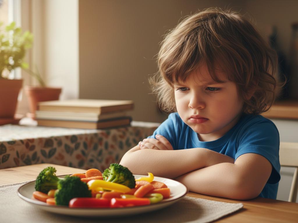 Ein fotorealistisches Bild zeigt ein kleines Kind mit skeptischem Blick, das vor einem bunten Teller mit Gemüse sitzt. Die Szene symbolisiert die verbreitete Ablehnung von Gemüse bei Kindern, wie sie auch im Artikel thematisiert wird.