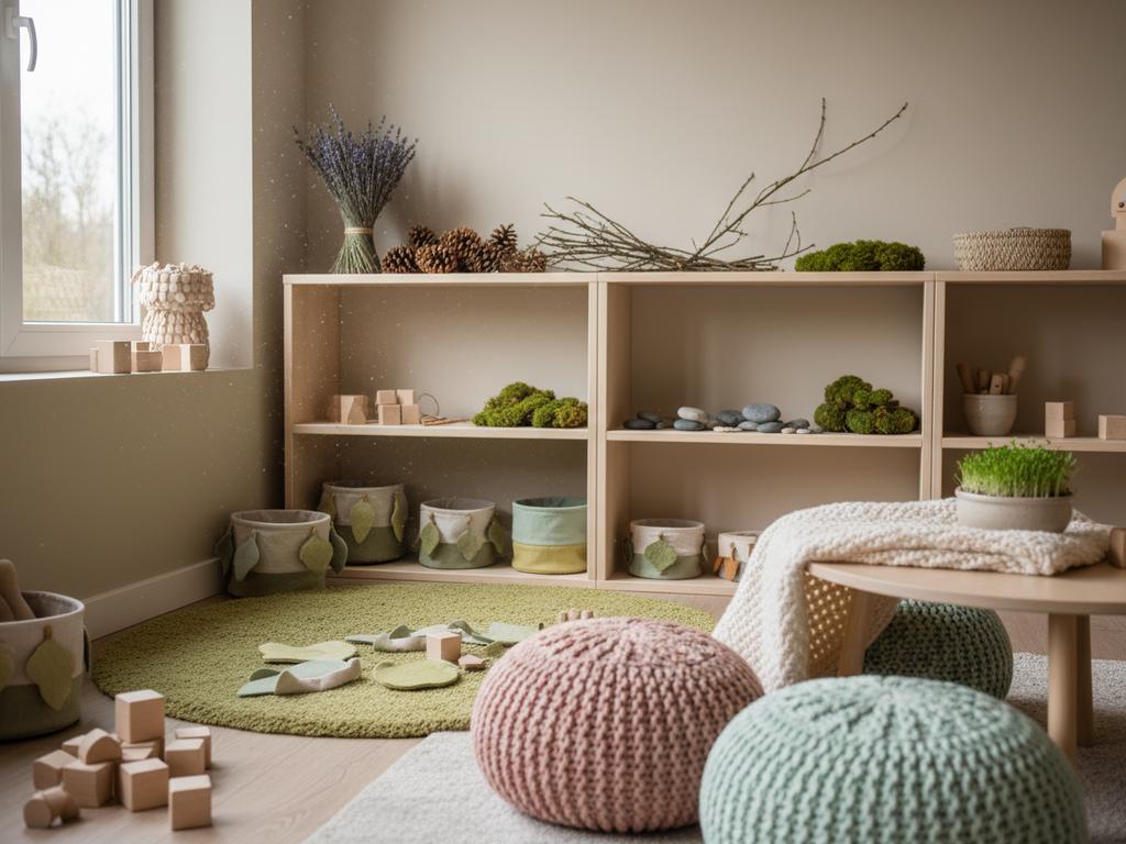Fotorealistische Darstellung eines liebevoll gestalteten Kinderraums mit saisonalen Naturmaterialien wie Blättern, Blumen und Holzfiguren. Das Bild zeigt, wie pädagogische Räume mithilfe taktiler und visueller Elemente im Rhythmus der Jahreszeiten gestaltet werden können.