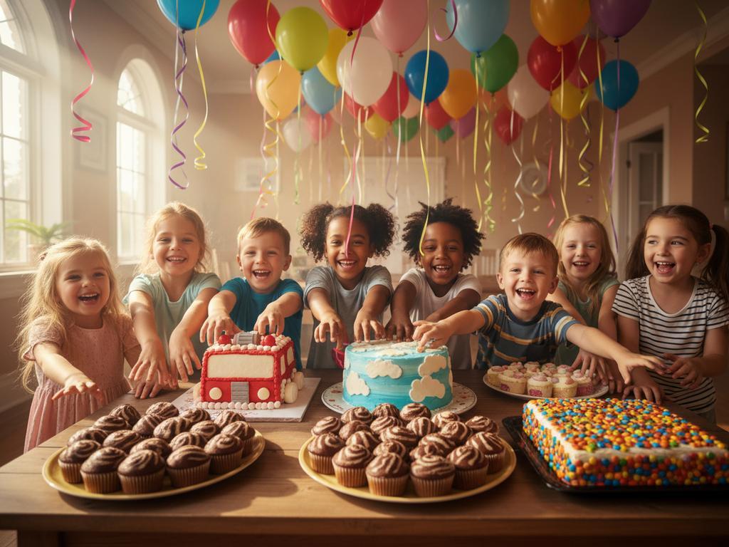 Ein fotorealistisches Bild zeigt einen festlich gedeckten Kindertisch mit verschiedenen fantasievollen Geburtstagskuchen wie dem Feuerwehrkuchen und Zebra-Marmormuffins, umgeben von fröhlich feiernden Kindern.