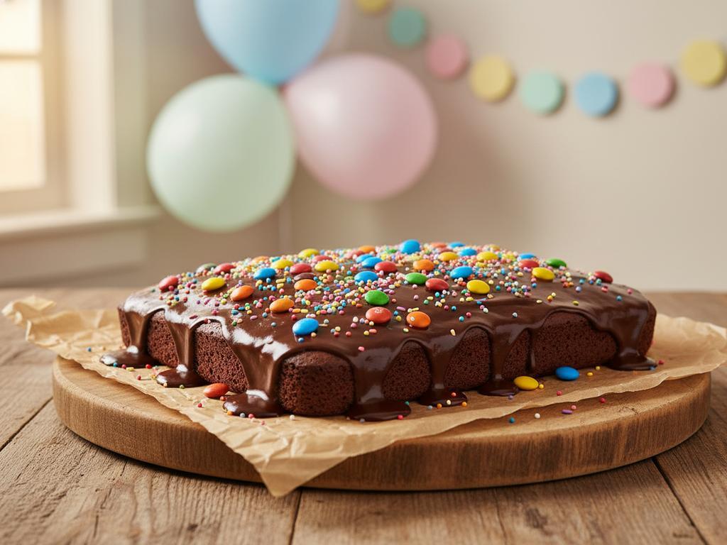 Ein lustig dekorierter Schoko-Blechkuchen mit bunten Smarties als perfekter Geburtstagskuchen für Kinder – ideal für Backanfänger und ein farbenfrohes Highlight auf jedem Kindergeburtstagstisch.