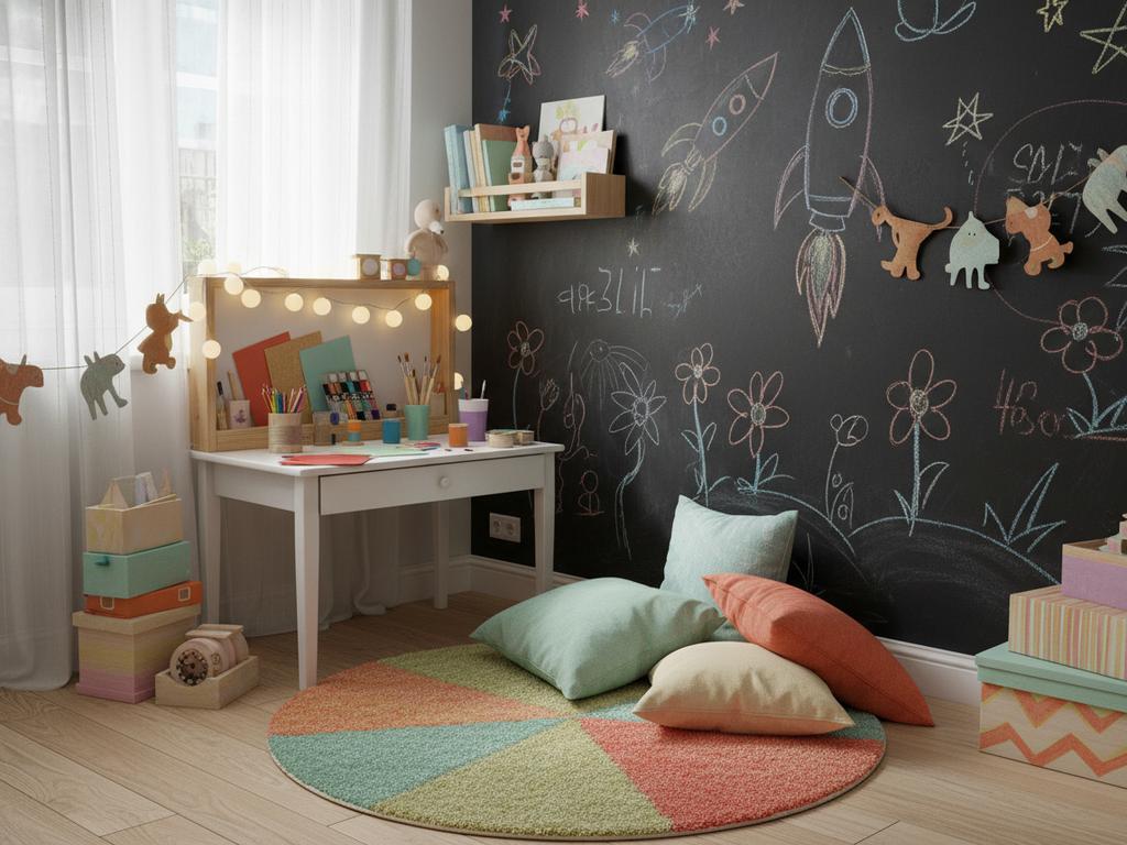 Ein liebevoll gestaltetes DIY-Kinderzimmer zeigt farbenfrohe Wände mit Tafelfarbe, kreative Lichtquellen und handgemachte Dekoelemente – ideal als Inspiration für Eltern, die ihrem Kind einen kreativen Rückzugsort schaffen möchten.