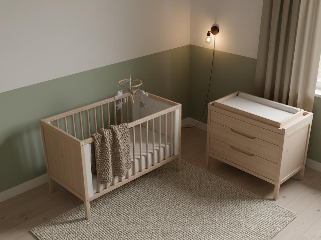 Ein helles, beruhigendes Babyzimmer mit sanften Farben, mitwachsendem Bett und multifunktionaler Wickelkommode – ideal für die erste Lebensphase und inspiriert von modernen Einrichtungskonzepten für wachsende Kinder.