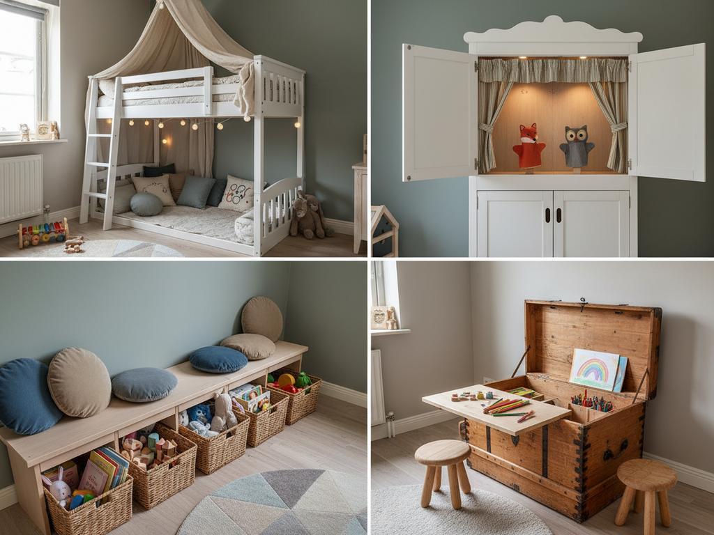 Fotorealistisches Kinderzimmer mit cleveren Möbeln, die Stauraum und Spiel vereinen – ideal für kleine Flächen mit großem Fantasiepotenzial.