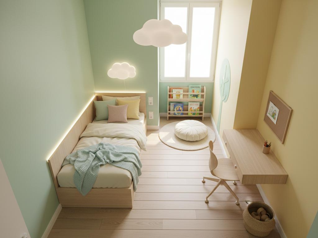 Ein fotorealistisches Kinderzimmer auf wenigen Quadratmetern zeigt eine klare Zonierung zum Schlafen, Spielen und Lernen. Die strukturierte Raumaufteilung bringt Geborgenheit und Ordnung in den engen Raum – ideal als Inspiration für Eltern in beengten Wohnverhältnissen.