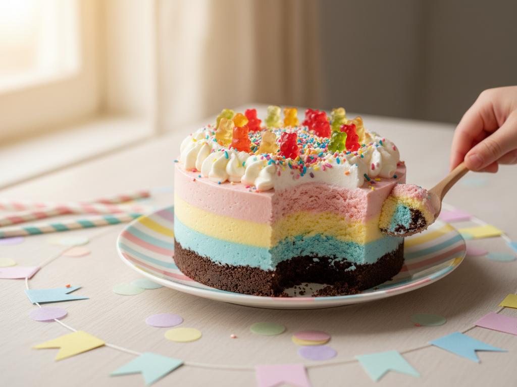 Ein fotorealistisches Bild zeigt einen bunt geschichteten Kühlschrankkuchen für einen Kindergeburtstag. Die Torte besteht aus mehreren farbigen Cremeschichten auf einem Keksboden, dekoriert mit Gummibärchen und Streuseln. Im Hintergrund lassen sich Kinderhände erahnen, die beim Verzieren helfen.