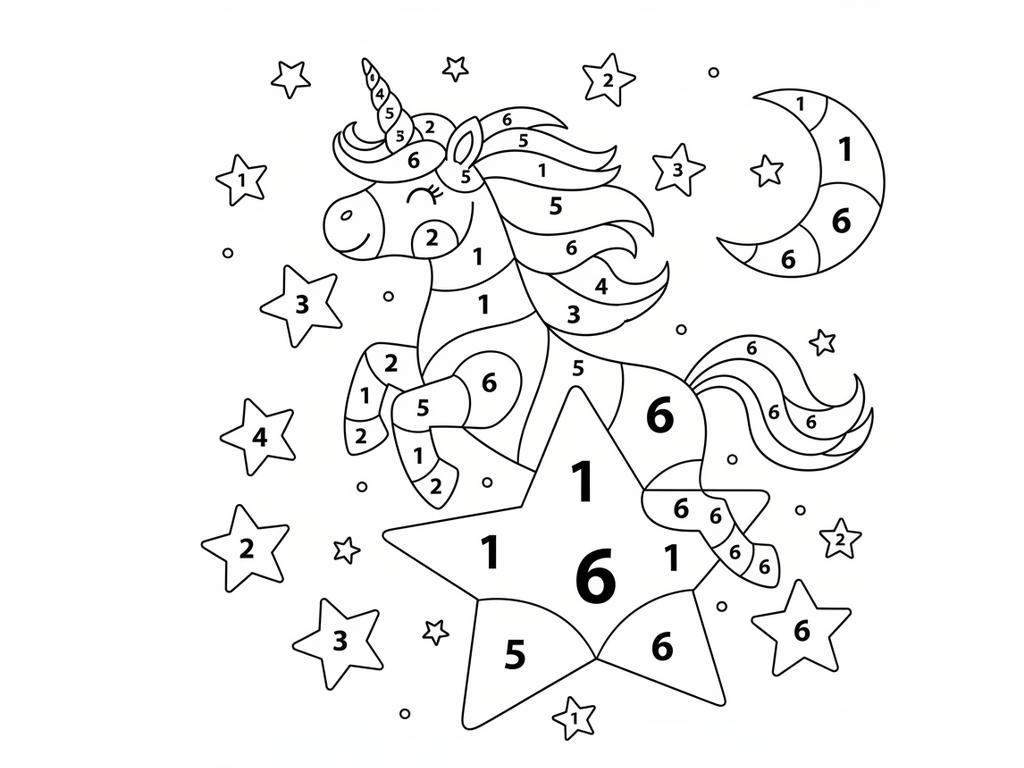 Ausmalvorlage Malen nach Zahlen: Einhorn auf einer Sternenreise für Kinder ab 4 – einfache Malvorlage zum Ausdrucken.