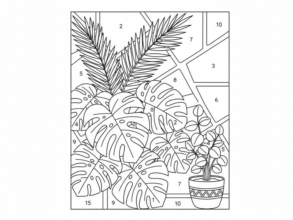Druckbares Malen-nach-Zahlen-Motiv für Kinder mit tropischen Pflanzen wie Monstera und Farn – ideal zum Ausmalen und Entspannen.