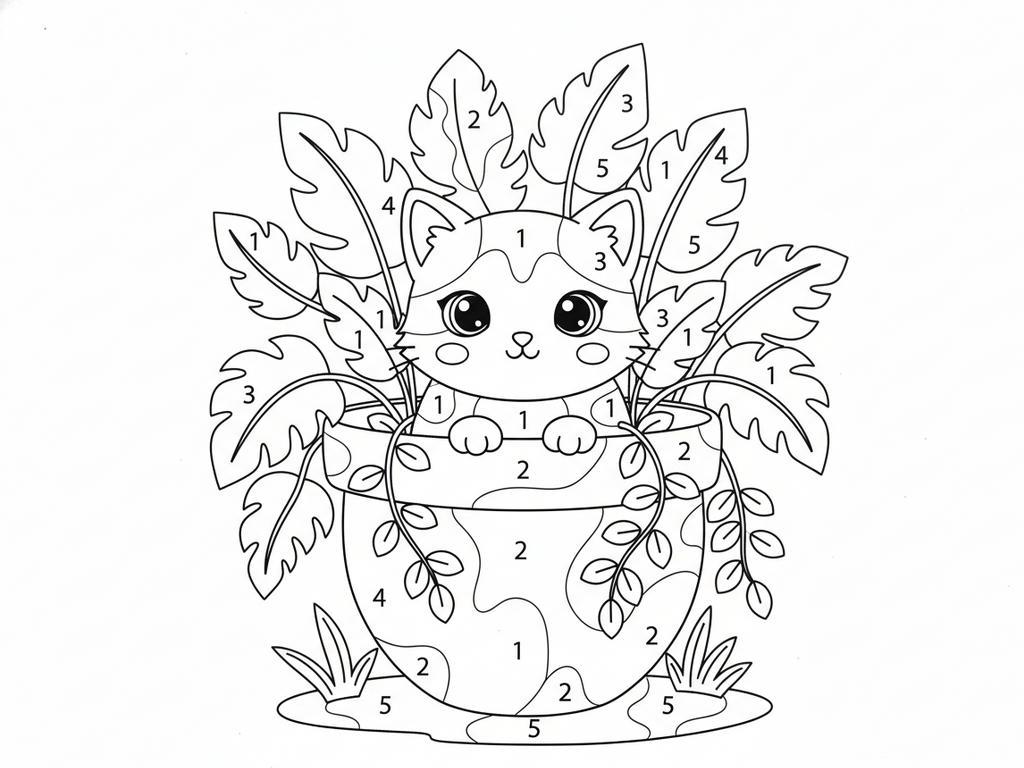 Ausmalbild im Stil Malen nach Zahlen: Eine Katze sitzt in einem Blumentopf – ideal als Druckvorlage für Kinder.