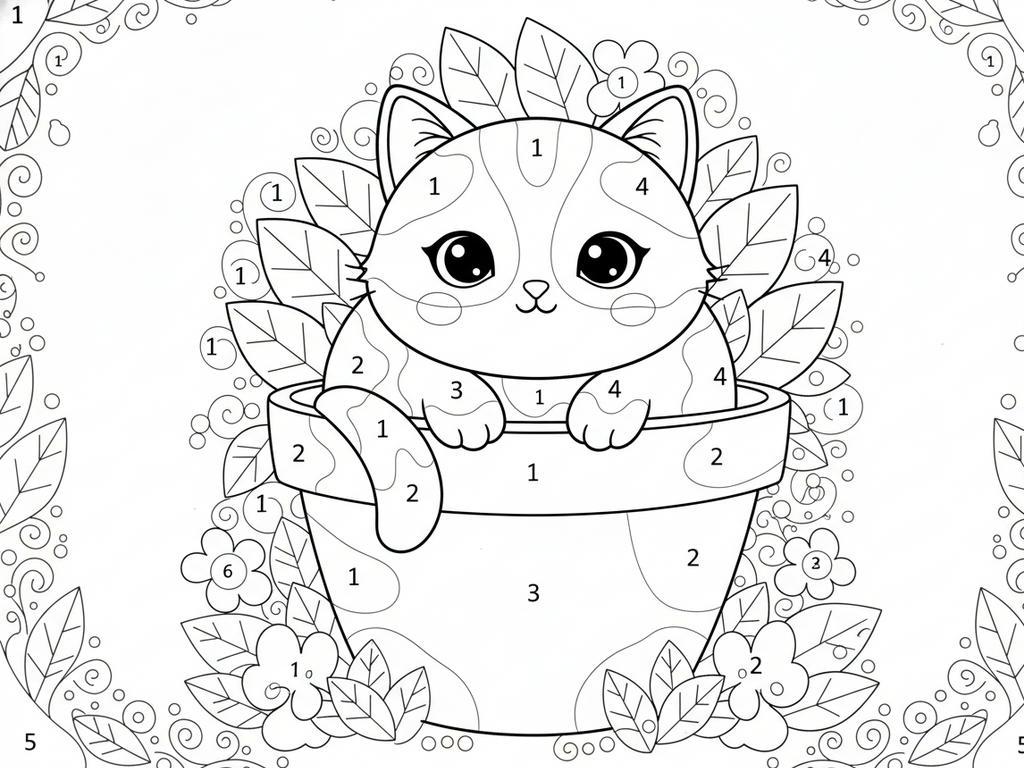 Komplexe Ausmalvorlage: Chaotische Szene mit kreativen DIY-Materialien zum Malen nach Zahlen – als Druckbild für Kinder.