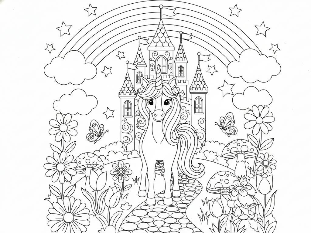 Malvorlage zum Ausdrucken: Einhorn in einer Zauberwelt als kindgerechtes Malen-nach-Zahlen-Motiv.