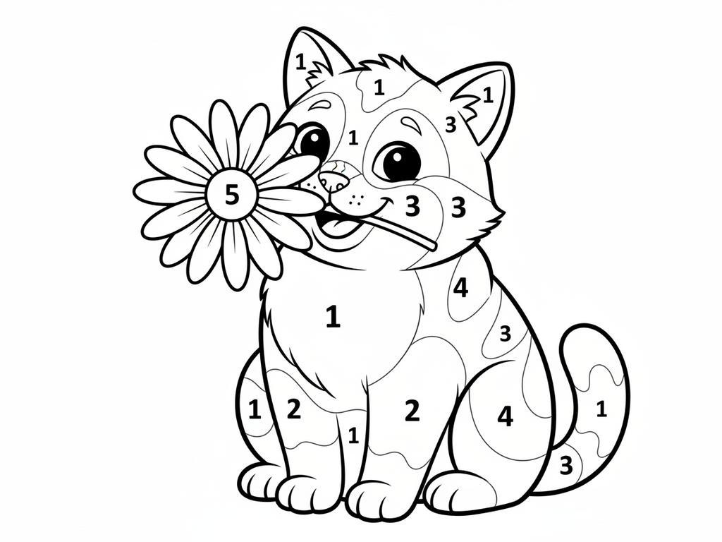 Ruhige Malen-nach-Zahlen-Vorlage: Eine sitzende Katze hält eine große Blume – ideal für Kinder