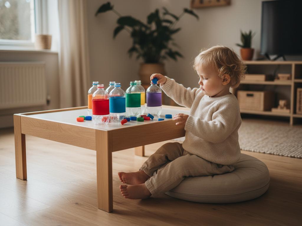 Fotorealistisches Bild eines selbstgemachten Montessori-Flaschensortierspiels mit bunten Deckeln für Kleinkinder ab 2 Jahren. Ideal zum spielerischen Farbenlernen und Entwickeln der Feinmotorik.