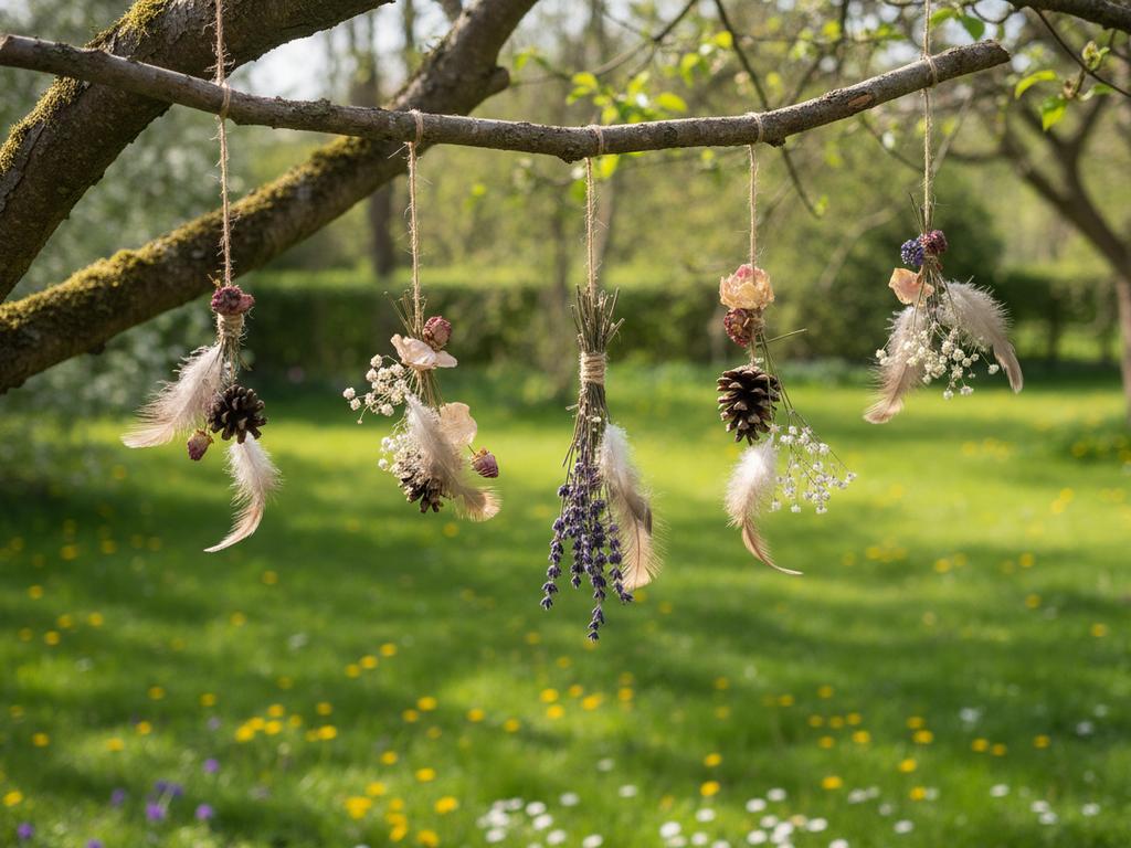 Ein liebevoll gestaltetes Naturmobile im Montessori-Stil schwebt im Frühlingsgarten. Mit Blumen, Federn und Zweigen vermittelt es Frühjahrsstimmung und kreative Naturverbundenheit.