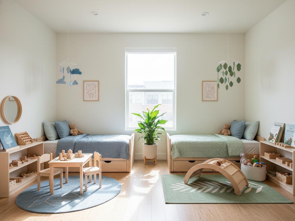 Fotorealistisches Bild eines Montessori-inspirierten Geschwisterzimmers mit zwei eindeutig abgegrenzten Bereichen für Kinder – strukturiert, kindgerecht und harmonisch gestaltet für mehr Selbstständigkeit im Alltag.