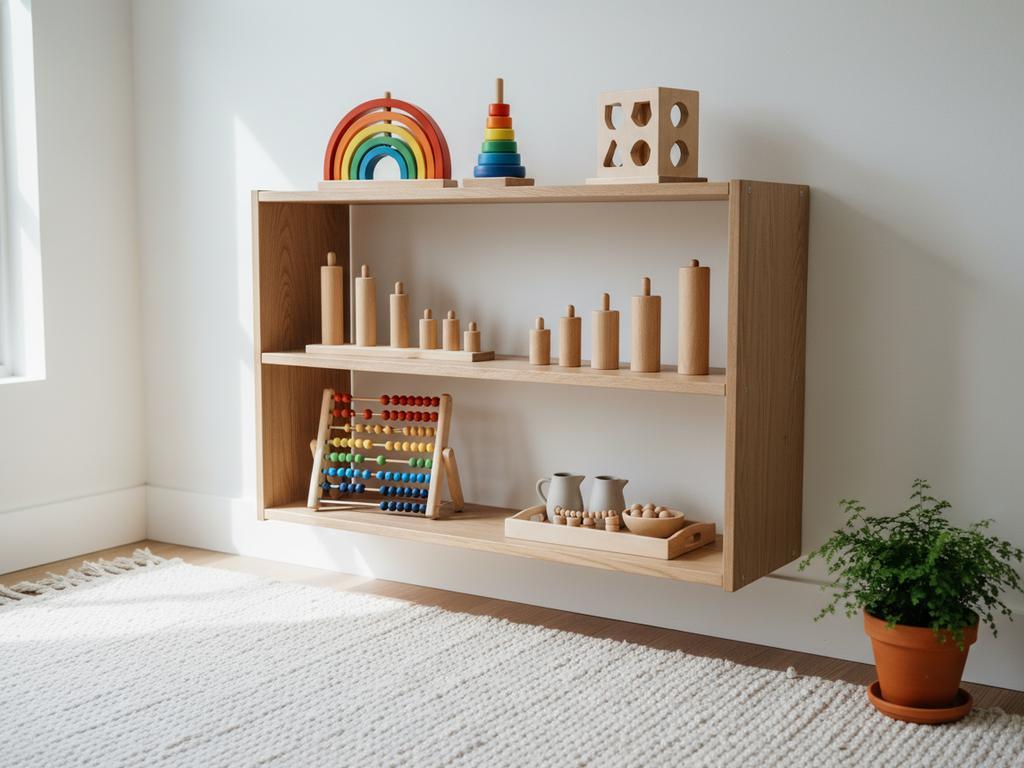 Ein liebevoll eingerichtetes Montessori-Regal mit ausgewähltem Holzspielzeug – perfekt für Kinder ab zwei Jahren, um eigenständig zu spielen und zu lernen.