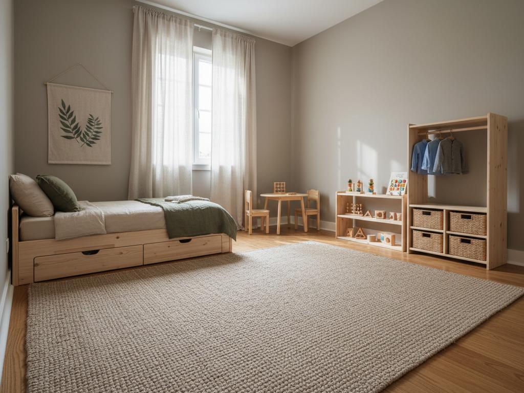 Fotorealistisches Kinderzimmer eines Jungen im Montessori-Stil mit Bodenbett, offenen Regalen auf Kinderhöhe und natürlichen Farben – ein Raum, der Selbstständigkeit fördert.