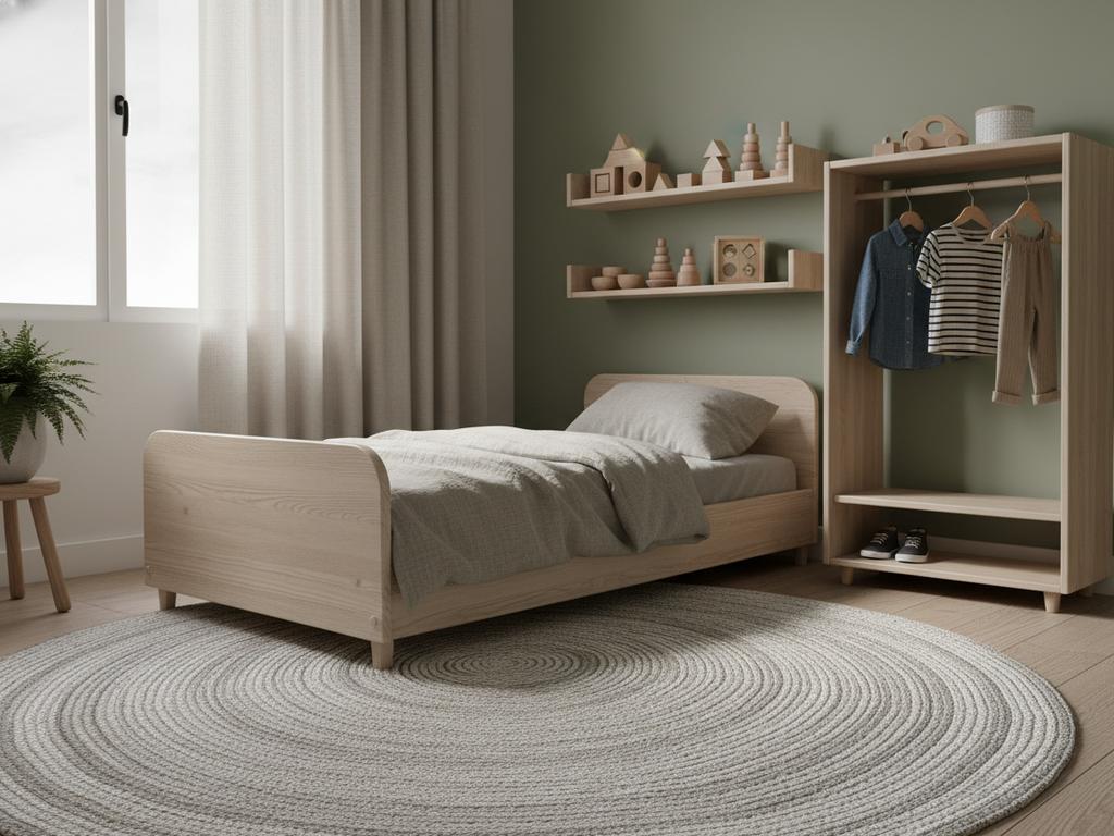 Ein fotorealistisches Bild einer kreativen Lern- und Entdeckerzone im Montessori-Jungenzimmer mit Naturmaterialien, Staffelei und Bewegungselementen – kindgerecht, ruhig und inspirierend gestaltet.