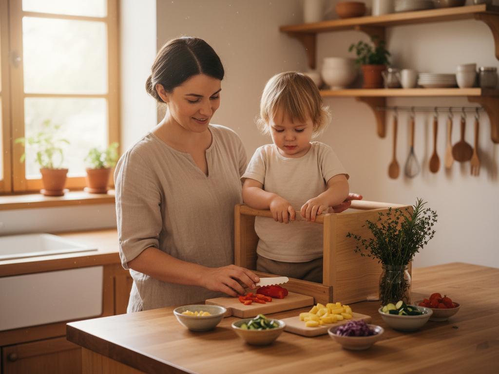 Ein Kind steht mit Hilfe eines Lernturms an der Küchenarbeitsplatte und hilft beim Kochen. Die Montessori-Küche ist kindgerecht eingerichtet mit kleinen Utensilien und lädt zum aktiven Mitmachen ein.