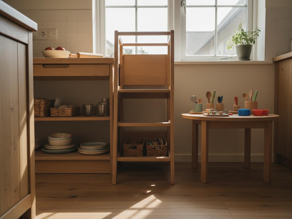 Ein fotorealistisches Bild einer kindgerechten Küche im Montessori-Stil zeigt, wie Kinder mithilfe von Tritthocker, niedrig platzierten Regalen und echten Küchenutensilien selbstständig mitwirken können. Die Szene vermittelt einen einladenden, strukturierten und funktionalen Raum aus Kinderperspektive.
