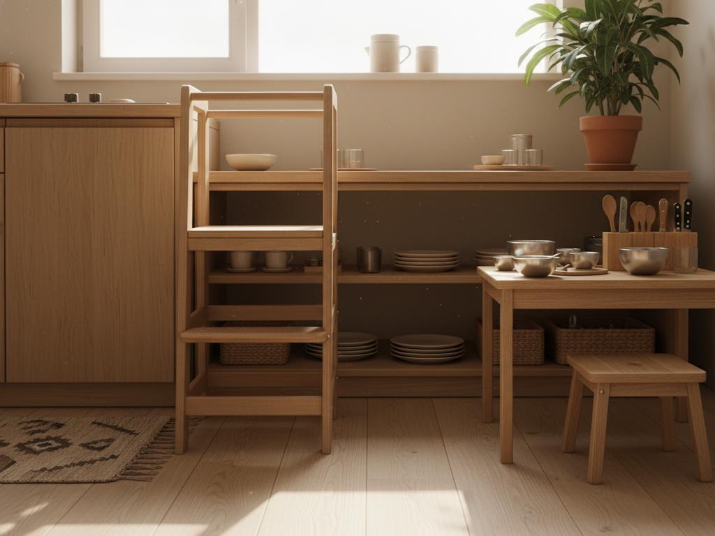 Dieses fotorealistische Bild zeigt ein 4-jähriges Kind beim eigenständigen Schneiden einer Banane mit einem sicheren Kindermesser in einer warmen und harmonischen Familienküche. Die Atmosphäre betont Selbstständigkeit, Konzentration und Freude am Tun – ganz im Sinne von Montessori.