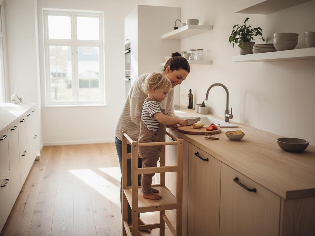 Ein fotorealistisches Bild einer modernen, hellen Familienküche mit einem Kleinkind, das auf einem stabilen Tritthocker neben einem Elternteil selbstständig Obst schneidet – eine harmonische Szene des Miteinanders im Sinne der Montessori-Pädagogik.
