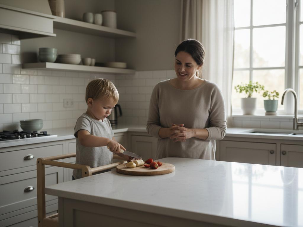 Ein fotorealistisches Bild eines kindgerecht eingerichteten Küchenbereichs mit niedrigem Regal, Trinkstation, Kinderbesteck und kleinen Küchenutensilien, liebevoll arrangiert für alltägliche Selbstständigkeit der Kinder.
