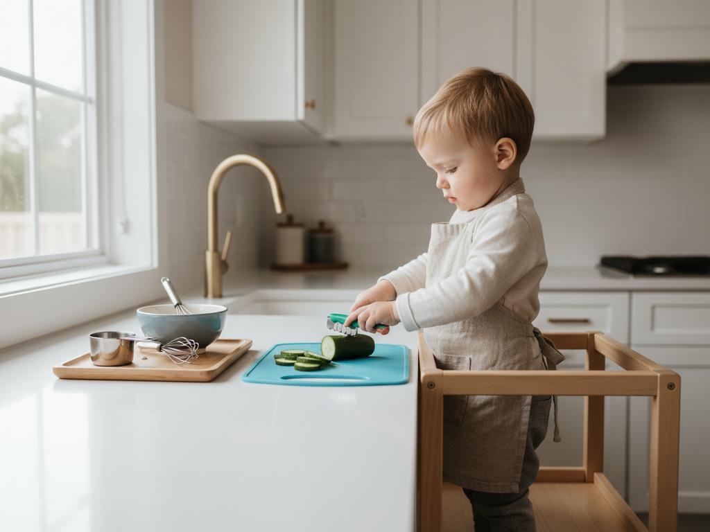 Ein fotorealistisches Bild zeigt ein Kind beim sicheren Arbeiten in der Küche mithilfe kindgerechter Montessori-Küchenhelfer wie einem Wellenschneider und einem Lernturm.