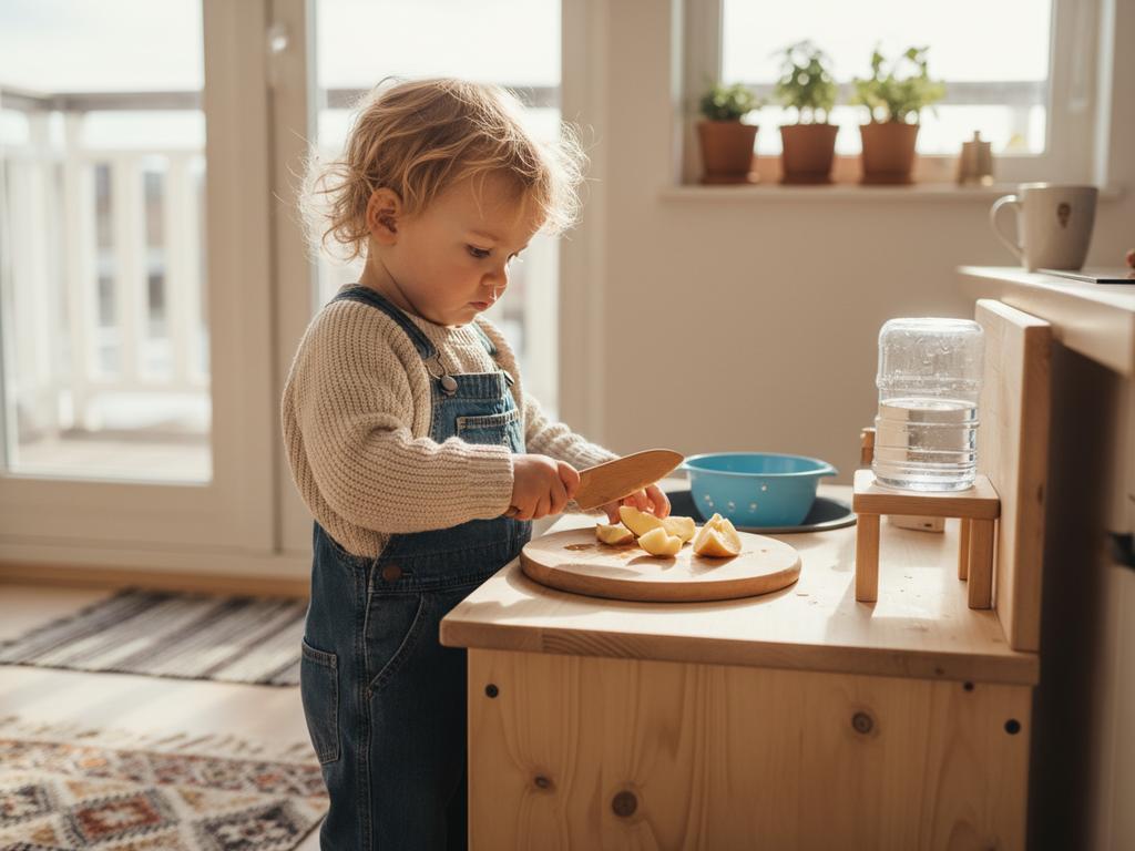 Eine fotorealistische Darstellung eines kleinen Kindes, das an einer niedrigen, echten Montessori-inspirierten Mini-Küche arbeitet – mit echtem Schneidebrett, Becher und kleiner Spüle. Die Szene zeigt, wie Kleinkinder durch funktionales Spiel Selbstständigkeit erlernen.