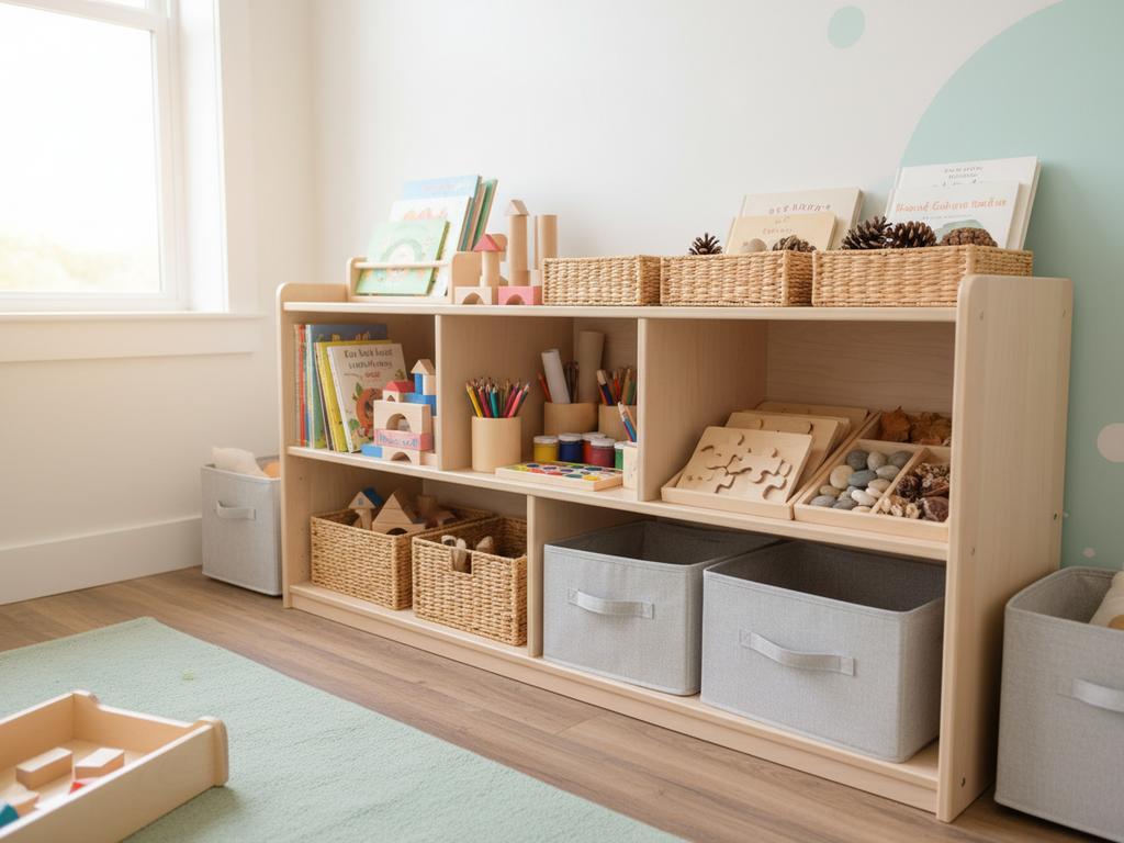 Ein fotorealistisches Bild eines durchdachten Montessori-Regals in einem modernen Kinderzimmer. Das Regal ist offen, in Kinderhöhe und enthält sortierte Materialien wie Bücher, Bauklötze und Bastelkörbe. Ideal zur Veranschaulichung kindgerechter Ordnungssysteme nach Montessori.