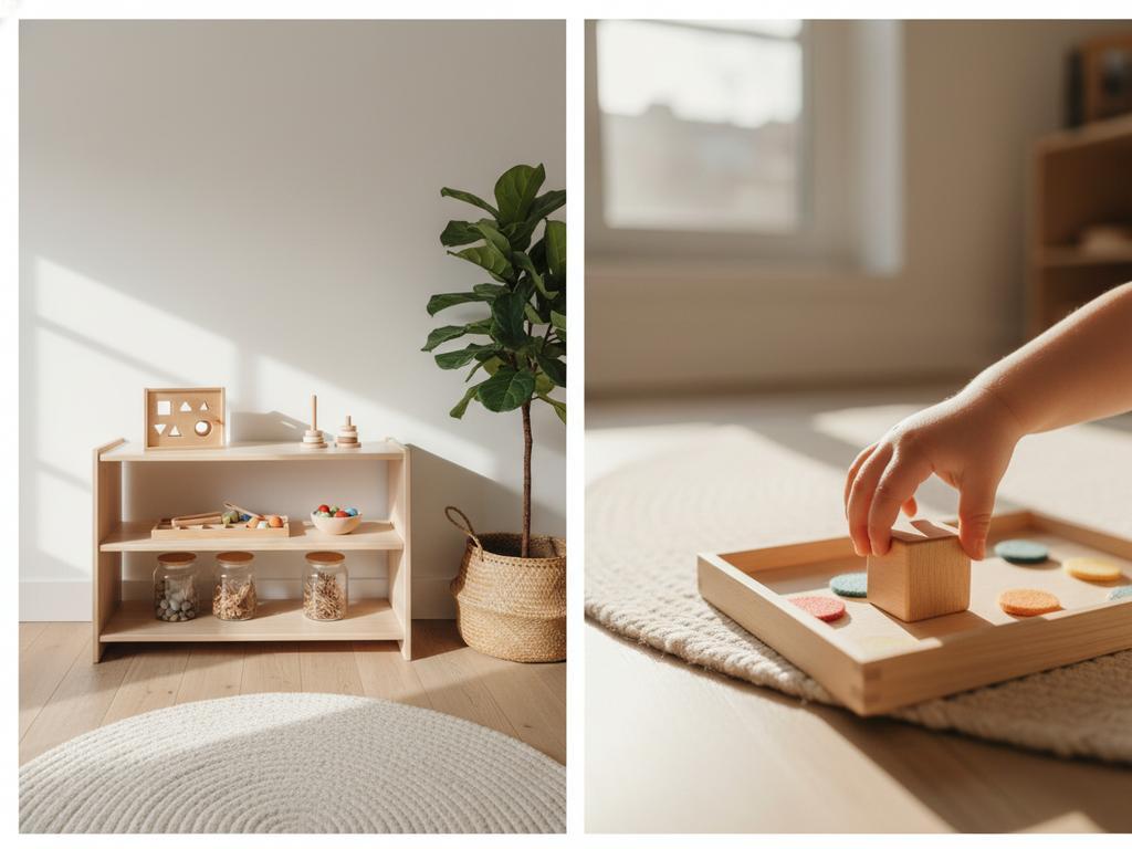 Ein liebevoll eingerichtetes Kinderzimmer mit einem offenen Montessori-Spielregal aus Holz. Darauf befinden sich ausgewählte Holzspielzeuge wie eine Steckbox, ein Sortierbrett und Schraubgläser. Die harmonische Farbgebung und klare Ordnung regen zum konzentrierten Spiel an.