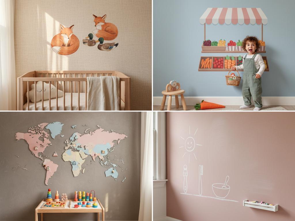 Vielfältige Detailansichten aus Montessori-Kinderzimmern. Gezeigt werden realistische Wandsticker mit Tieren, Alltagsszenen und Weltkarten in harmonischer Farbgebung – perfekt zur Förderung der Entwicklung.