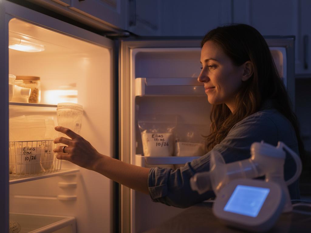 Eine Mutter greift nachts entspannt zum vorbereiteten Fläschchen aus dem Kühlschrank – Symbol für Sicherheit durch eingefrorene Muttermilch.