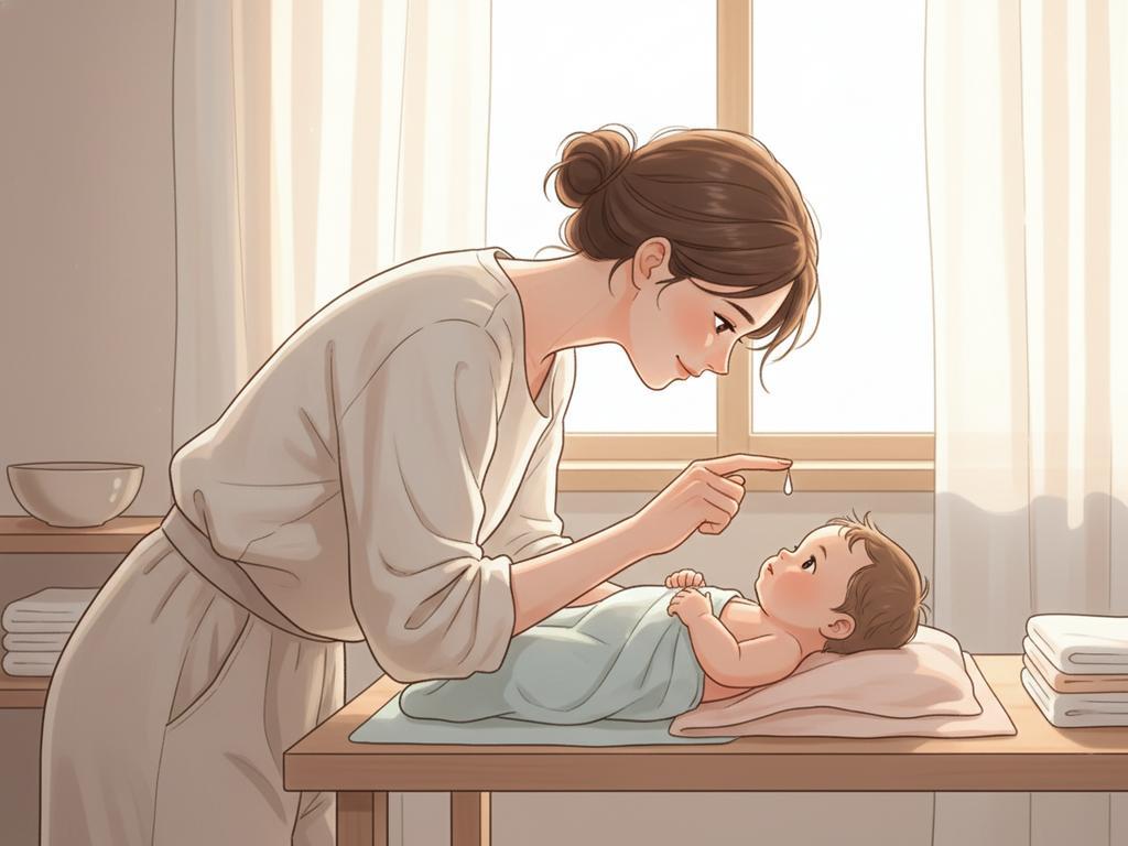 Realistische Darstellung einer erwachsenen Frau mit sensibler Haut, die experimentell Muttermilch auf gereizte Handrücken aufträgt